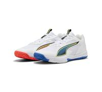 PUMA Accelerate Pro 4 Game ON - Tenis Unisex para Interior de Campo, Color Blanco, Rojo Brillante, Azul Ultra, Talla 10.5, Puma Blanco Brillante Rojo Ultra Azul, 45 EU