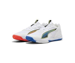 PUMA Accelerate Pro 4 Game ON - Tenis Unisex para Interior de Campo, Color Blanco, Rojo Brillante, Azul Ultra, Talla 43, Puma Blanco Brillante Rojo Ultra Azul, 48.5 EU