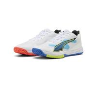 PUMA Accelerate Turbo 4 Game ON - Tenis Unisex para Interior de Campo, Color Blanco, Rojo Brillante, Azul Ultra, Talla 13 de Reino Unido, Puma Blanco Brillante Rojo Ultra Azul, 48.5 EU