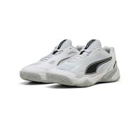 PUMA Solarstrike 4, Zapato de Tribunal Interior Unisex Adulto, Blanco Negro Plata Niebla Gris Platino, 45 EU