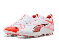 Puma - Ultra 5 Match MG JR, Zapatillas de fútbol Unisexo, Puma White-Puma Black-Glowing Red,