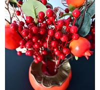 Pumixiy Arreglo de granada artificial, decoración de caqui con bayas rojas y hojas verdes para decoración festiva del hogar, decoración de mantel de vacaciones y (B)