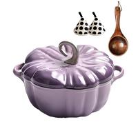 Pumpkin Dutch Oven Pot with Lid, Pumpkin Shaped Cast Iron Oven with Dual Handle for Cooking, Heavy-Duty Cookware for Braising, Stews, Roasting, Halloween and Thanksgiving Decor Gift (Purple-A,7.87in)