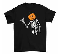 Pumpkin Head Skeleton Hang Loose Hand Sign Halloween T-Shirt Black 3XL