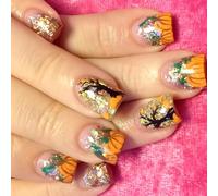 Pumpkin Leaf Art Short False Nails Art Easy To Apply For Halloween Event Everyday Use Autumn Winter Press On Nail Pumpkin