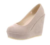 Pumps de Ante Suave Plataforma Tacón de Cuña Clásicos Punta Redonda Slip On Zapatos de Vestir para Atuendos de Primavera y Ocasiones Elegantes,Beige,34 EU