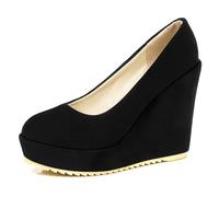 Pumps de Ante Suave Plataforma Tacón de Cuña Clásicos Punta Redonda Slip On Zapatos de Vestir para Atuendos de Primavera y Ocasiones Elegantes,Negro,38 EU