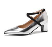 Pumps Mary Jane de Punta Afilada con Tira de Tobillo Metálica Tacón de Bloque Grueso Mujer Tacones Altos Court Zapatos Zapatos de Vestir para Trabajo Diario de Oficina,Plata,44 EU