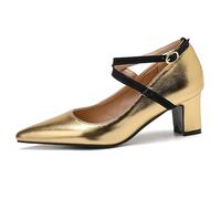 Pumps Mary Jane de Punta Afilada con Tira de Tobillo Metálica Tacón de Bloque Grueso Mujer Tacones Altos Court Zapatos Zapatos de Vestir para Trabajo Diario de Oficina,Oro,43 EU