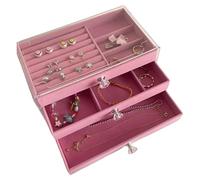 pumpumlia Elegante caja de almacenamiento para pendientes, collares, pulseras, soporte para joyas con tapa de cristal y 3 cajones para accesorios