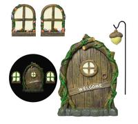 Pumwoy Puerta de hadas, 1 puerta de duende + 2 ventanas de duendes + 1 lámpara, puerta de gnomo para decoración de jardín, luces en la oscuridad, puerta de jardín de hadas, miniatura, puerta de duende