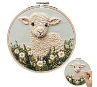 Punch Embroidery Kit, Stitching Punch Needle Kits with Sheep Pattern, Fabric, Wood, Wool Arts and Crafts with Threader, Instruction Fabric Hoop, Yarn, Crafting Supplies for Beginners and Adults, 18cm