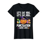 Punctuation Saves Lives Halloween Shirt Funny Teacher Camiseta, Mujer, Negro, L