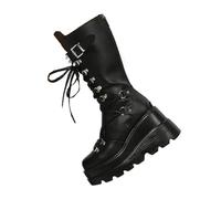 Punk - Botas góticas de motocicleta con plataforma para mujer, estilo punk, con hebilla y hebilla, botines de combate para mujer, tacón de cuña grueso a media pantorrilla, Black, 43 1/3 EU