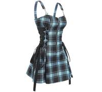Punk Harajuku Lolita Gótico A Cuadros con Cordones Y2K Cremallera Una Línea Diaria para Mujeres Sin Mangas Vestidos De Calle-Azul-S