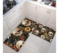 Punk Pastoral Flor de Calavera Juego de alfombras de Cocina de 2 Piezas, alfombras y tapetes de Cocina Antideslizantes y Lavables 40x60+40x120cm Alfombra de Piso Amarillo parduzco