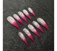Punk Press Cat Claw on Nails Long Stiletto Handmade Rose Red Gradient Press on Nails Reusable Thick Acrylic Cat Dragon Eagle Claw False Nail with Designs Glossy Glue on Nail (L)