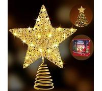 Punta de árbol de Navidad iluminada con 20 ledes, estrella luminosa dorada como punta de árbol de Navidad, 25 cm de altura, decoración navideña brillante, decoración de estrellas brillantes para árbol