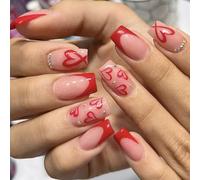 Punta francesa Uñas a presión Cuadrado Medio Corazón Rojo Brillante Rosa Uñas postizas con Rhinestone Reutilizable Artificiales con pegamento para mujeres 24 UNIDADES (Uñas De Corazón)