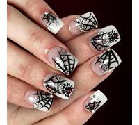 Puntas falsas listas para aplicar, juego de 24 piezas en blanco y negro con obras de arte de telaraña, acabado brillante y piedras decorativas para