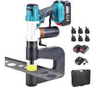 Punzonadora Hidráulica Inalámbrica con Garganta Profunda de 150mm, Máquina Punzonadora Electrohidráulica con 6 Matrices (16-32mm) - 2 Baterías de 6,0Ah para Acero, Hierro y Aluminio de 2mm