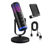 PUPGSIS - Micrófono de videojuegos para PC, micrófono condensador con cancelación de ruido con luces RGB, silencio, monitoreo, filtro pop, micrófono de escritorio para transmisión, podcasting