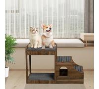 PUPIHOM Percha para ventana para mascotas con escaleras, litera de varios niveles para perros y gatos, sofá cama elevada para mascotas, escaleras de madera para perros con plataforma antideslizante,