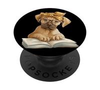 Puppy Open Book Reading Dog Lover Gráfico Retrato Redondo PopSockets PopGrip Adhesivo