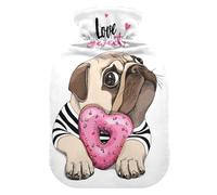 Puppy Pug with A Pink Heart Donut Love is Sweet - Bolsa de agua caliente y funda suave y cálida para cama de invierno, cuello y hombros, 2 L