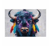 PUQAAEO Impresión fotográfica de animales sobre lienzo, Bisonda con plumas tribales decoración de pared, decoración de casa, cocina, sala de estar（Multicolor-40x60cm Sin marco