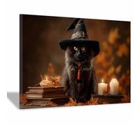 PUQAAEO Impresión fotográfica de animales sobre lienzo, Sombrero de Bruja de los Gatos Negros decoración de pared, decoración de casa, cocina, sala de estar（Multicolor-20x30cm Enmarcado
