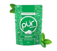 PUR Mints | Caramelos de menta Sin Aspartame | Endulzados con Xilitol | Sin Azúcar, Veganas, Sin Gluten | Sabor Natural a Hierbabuena | 65 unidades en bolsa resellable (Pack de 1)