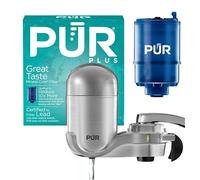 PUR PLUS Vertical Faucet Mount Water Filtration System, Lead-Reducing Filter, Great-Tasting Water, Easy Install, Lasts 100 Gallons, Compatible with Sinks with External Aerators, Chrome