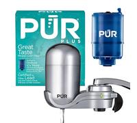 PUR PLUS Vertical Faucet Mount Water Filtration System, Lead-Reducing Filter, Great-Tasting Water, Easy Install, Lasts 100 Gallons, Compatible with Sinks with External Aerators, Chrome
