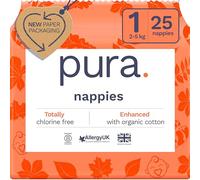 Pura Eco Baby Nappies - Size 1 (2-5kg / 4-11lbs), 1 Pack (25 Nappies), Newborn Nappies for Sensitive Skin, Organic Cotton, Wetness Indicator, Umbilical Cord Cutout, New Size Guide