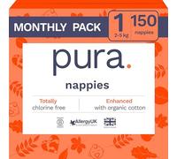Pura Eco Baby Nappies - Size 1 (2-5kg / 4-11lbs), 6 x 25 Nappies (150 Total), Monthly Pack, Newborn Nappies for Sensitive Skin, Organic Cotton, Wetness Indicator, Umbilical Cord Cutout, New Size Guide