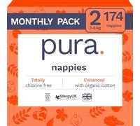 Pura Eco Baby Nappies - Size 2 (3-6kg / 6-13lbs), 6 x 29 Nappies (174 Total), Monthly Pack, Ultra Soft Nappies for Sensitive Skin, Organic Cotton, Wetness Indicator, Umbilical Cord Cutout