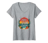 Pura Vida Boricua: Paraíso Tropical Orgullo Puertorriqueño Camiseta Cuello V, Mujer, Gris Jaspeado, L