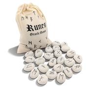 PURAJA Juego de piedras rúnicas: cerámica | con alfabeto Elder Futhark | 25 piedras rúnicas de cerámica en bolsa de algodón | Juego de runas mágicas