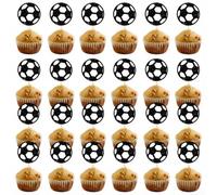 PureBowlic 24 piezas de insertos de bola de fútbol con purpurina negra, 6 cm, fiesta deportiva para decoración de baby shower, púas de cartulina resistentes para magdalenas y pasteles (24 unidades)