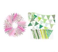 PureBowlic Banderines triangulares de tela verde y rosa, guirnalda de algodón con estampado tradicional para boda, fiesta, cumpleaños, baby shower, hogar, camping, decoración, 5 m, 15 piezas (15