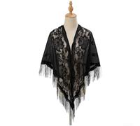 PureBowlic Bufanda triangular de encaje para mujer, chal floral de poliéster con borlas, ligero, transpirable, para primavera y verano, longitud ajustable, accesorio de moda (1-negro)
