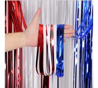 PureBowlic Cortina de lluvia roja, blanca y azul para decoración de fiesta de independencia, telón de fondo patriótico para celebración del 4 de julio, colgante ligero de PET (1 m x 2 m, rojo y blanco