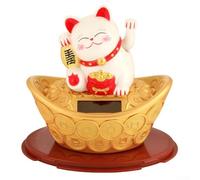 PureBowlic Estatua de la fortuna de gato de la suerte que agita con energía solar da la bienvenida a la riqueza con manos dobles elevadas y pepitas doradas, decoración de Feng Shui de plástico para el