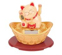 PureBowlic Estatua de la fortuna de gato de la suerte que agita con energía solar da la bienvenida a la riqueza con manos dobles elevadas y pepitas doradas, decoración de Feng Shui de plástico para el