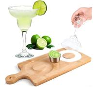 PureBowlic Margarita - Juego de bordes de sal de acero inoxidable, bandeja de madera de pino para servir con capacidad para limas, limones, nueces, moderno, minimalista, ahorro de espacio, plata, 5 x