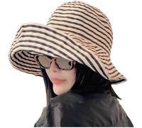 PureBowlic Sombrero de pescador a rayas para mujer, ala ancha, protección solar, plegable, de poliéster, transpirable, para verano, playa, viajes, talla que se adapta a la mayoría de color negro y