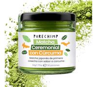 PureChimp Polvo de Matcha Ceremonial Sabor Cúrcuma 50g. 100% Té Verde Puro con Cúrcuma, Canela y Jengibre. Cultivado a la Sombra para Latte y Recetas. Tarro de Vidrio Reciclable. Rico en Antioxidantes