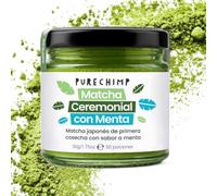 PureChimp Polvo de Matcha Ceremonial Sabor Menta 50g. 100% Té Verde Puro con Polvo de Menta. Cultivado a la Sombra para Matcha Latte, Té y Recetas. Tarro de Vidrio Reciclable. Rico en Antioxidantes