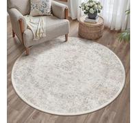 PureCozy Alfombra beige redonda de 120 cm, redonda, vintage, lavable, antideslizante, pelo corto, suave, para salón, dormitorio, oficina, comedor